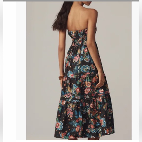 Anthropologie Black Strapless Maxi Dress with Pink, Purple & Yellow Floral Print - Picture 3 of 11